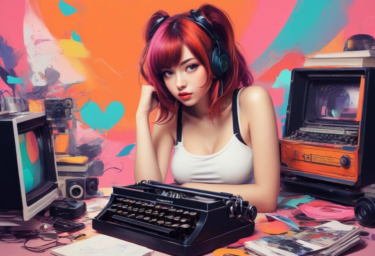 A dynamic and colorful illustration showcasing a blend of whimsical and edgy hentai art styles, featuring a mix of characters in playful poses. Surround them with abstract shapes and vivid colors representing creativity and freedom of expression. Include subtle nods to blogging, like a vintage typewriter and a computer screen in the background. Capture the essence of uncensored art, highlighting its boldness and artistic flair. vibrant colors. digital art. surrealism.