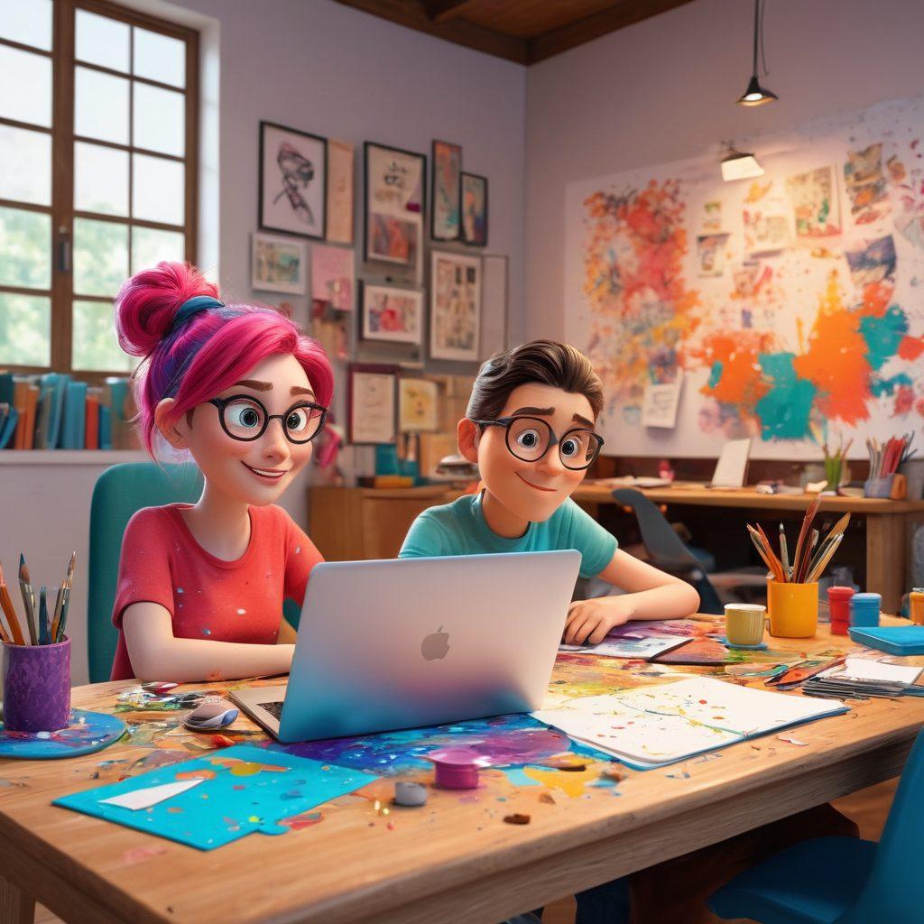 A vibrant and dynamic scene showcasing a diverse group of animated characters in various artistic styles, exploring the intersection of passion and creativity in adult animation. The backdrop features a whimsical art studio filled with colorful sketches, paint splatters, and inspiring quotes. Emphasize a blend of humor and artistic expression, with characters engaging in passionate discussions. Incorporate elements that reflect niche blogging, such as laptops and notepads scattered around. super-realistic. vibrant colors. 3D.